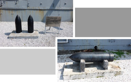 三笠艦体周辺に展示されている砲弾の写真