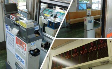 入口に整理券、出口に運賃箱、料金表の写真